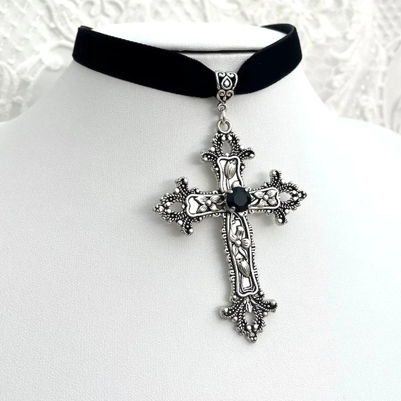 Vintage Gothic Large Cross Black Velvet Choker