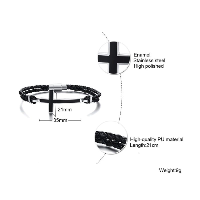 Double braded leather cross bracelet