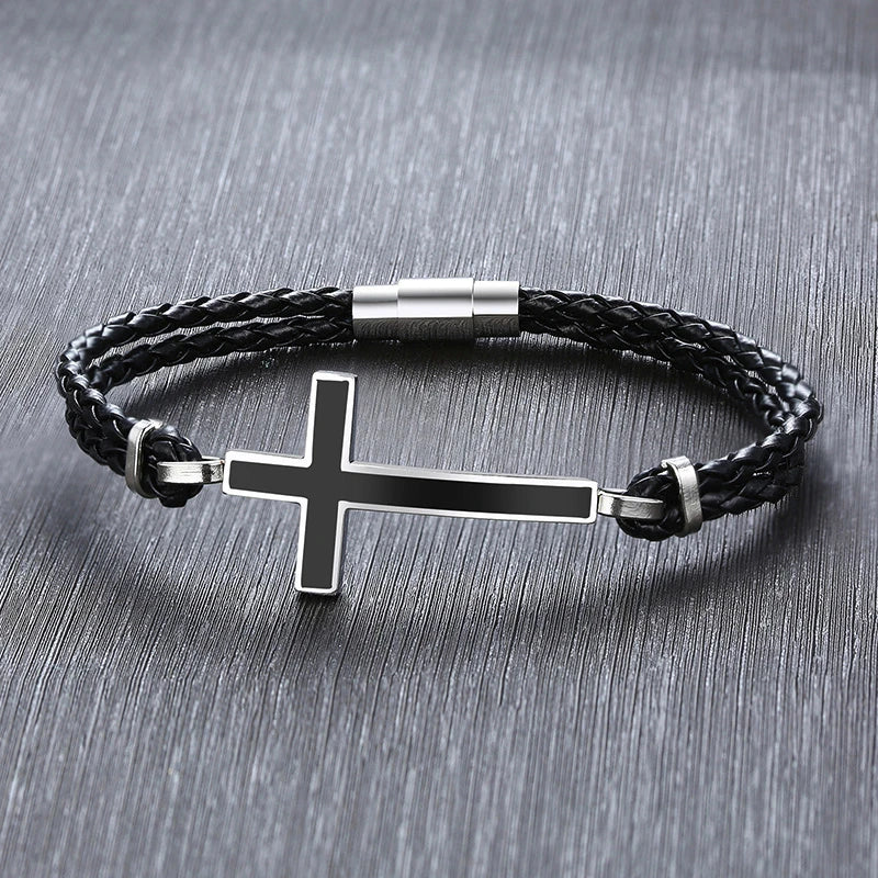 Double braded leather cross bracelet