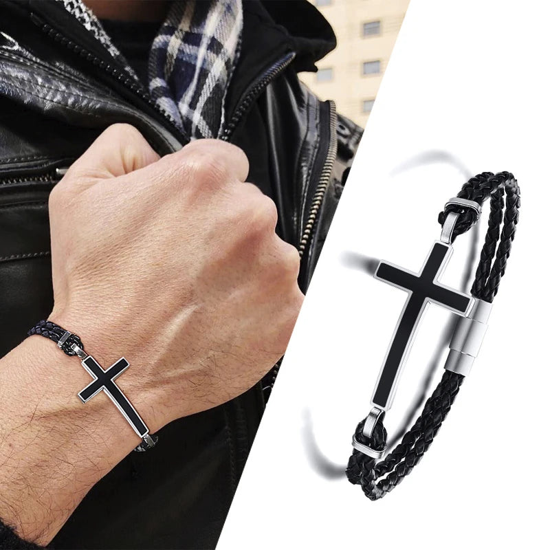 Double braded leather cross bracelet