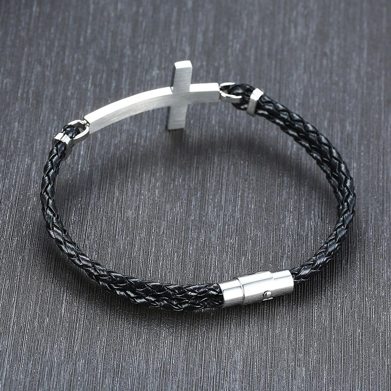 Double braded leather cross bracelet