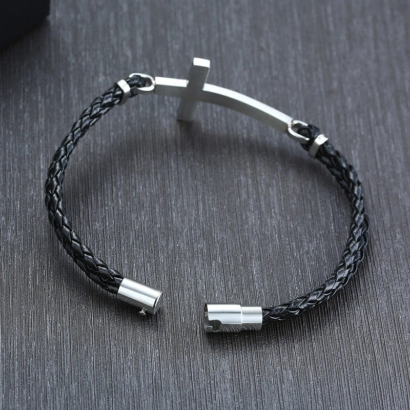 Double braded leather cross bracelet