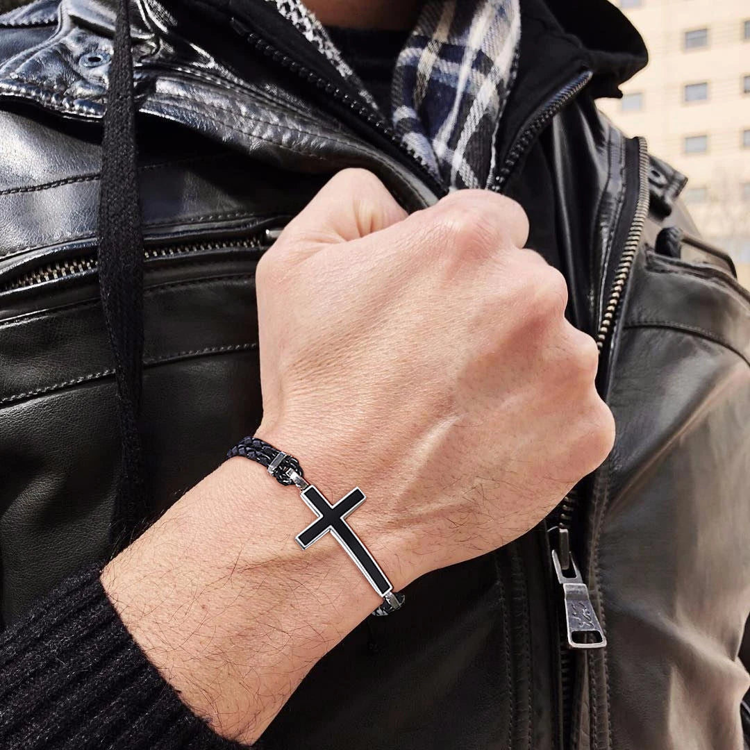 Double braded leather cross bracelet