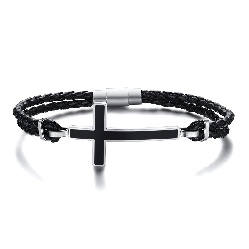 Double braded leather cross bracelet