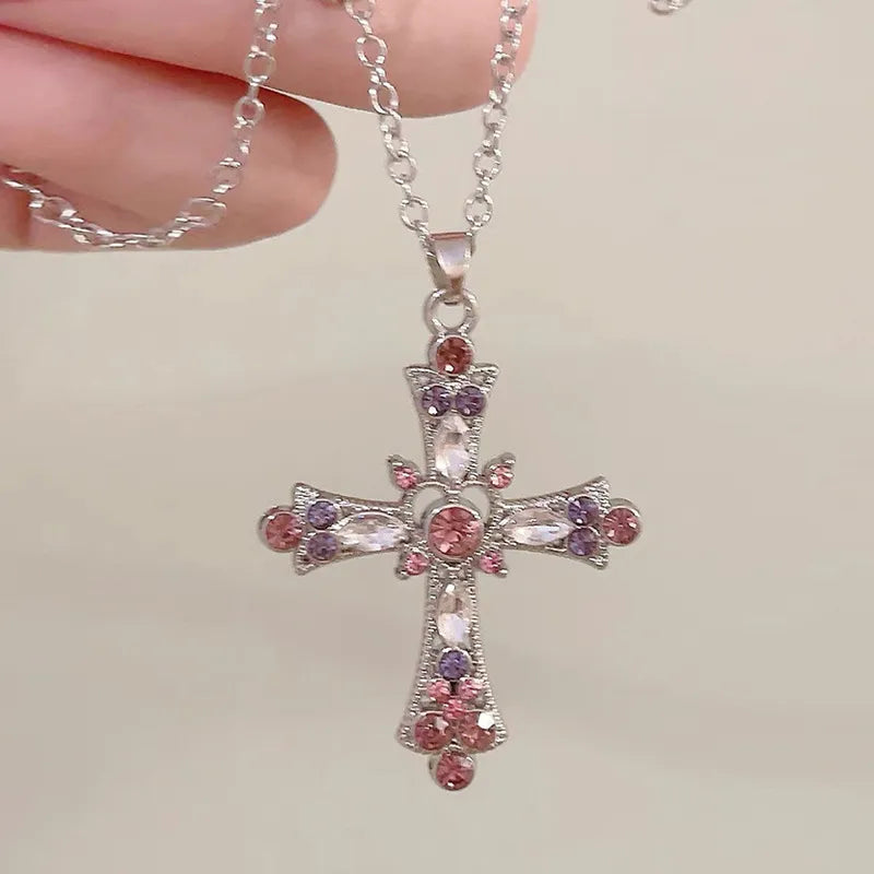 Zircon Cross Necklace Pink & Purple Heart Cross Pendant Necklace