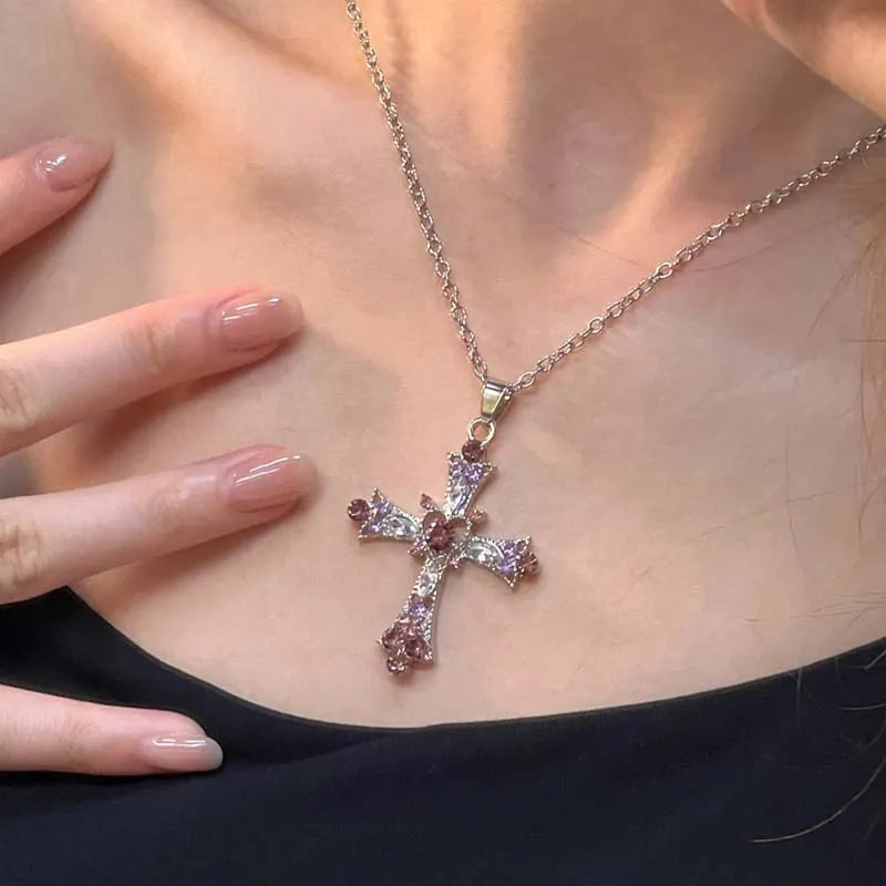 Zircon Cross Necklace Pink & Purple Heart Cross Pendant Necklace