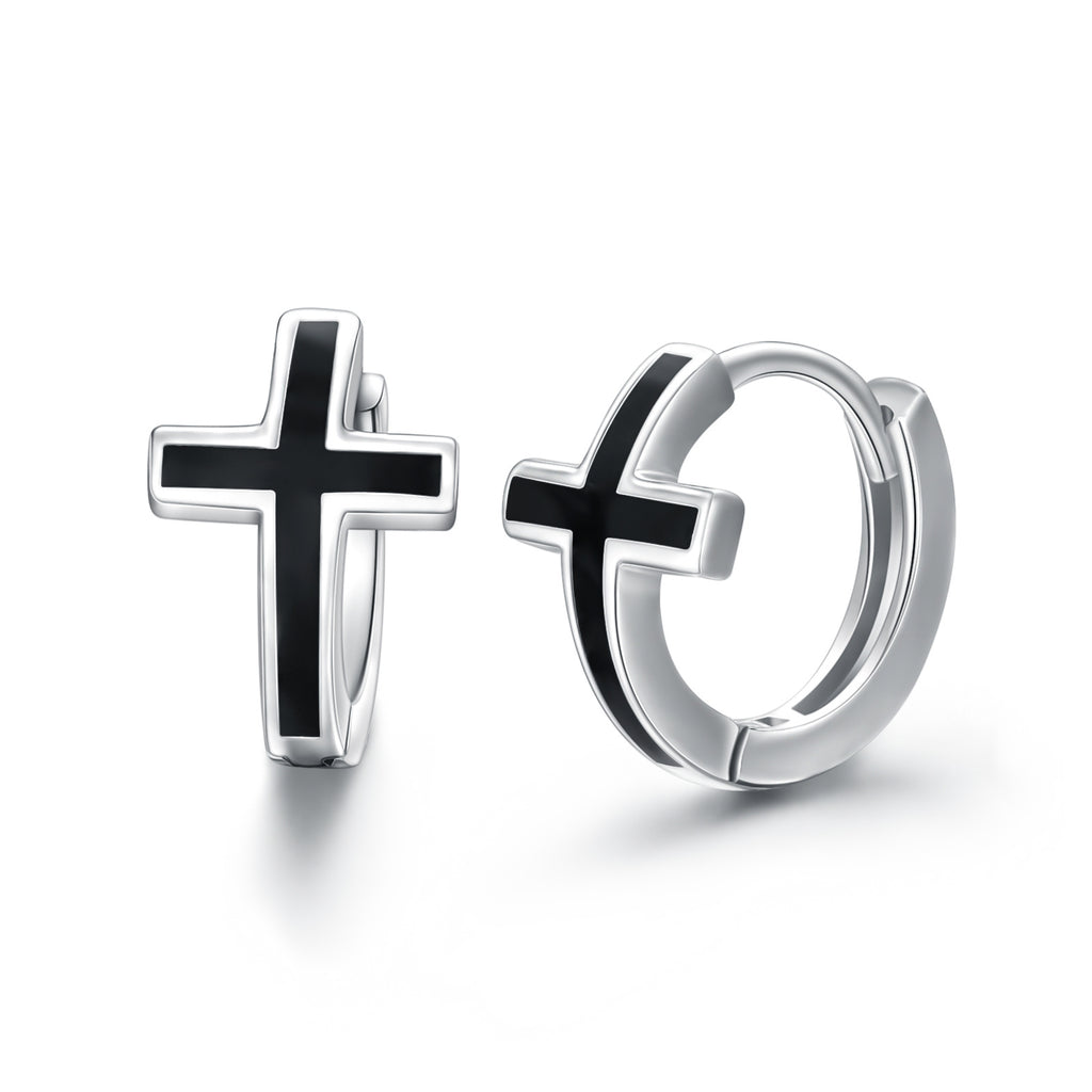 Black Cross Earrings in Sterling Silver Unisex Hoops