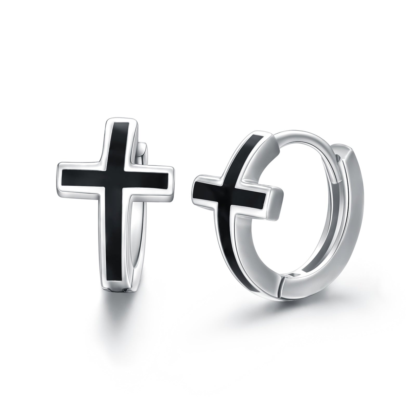 Black Cross Earrings in Sterling Silver Unisex Hoops
