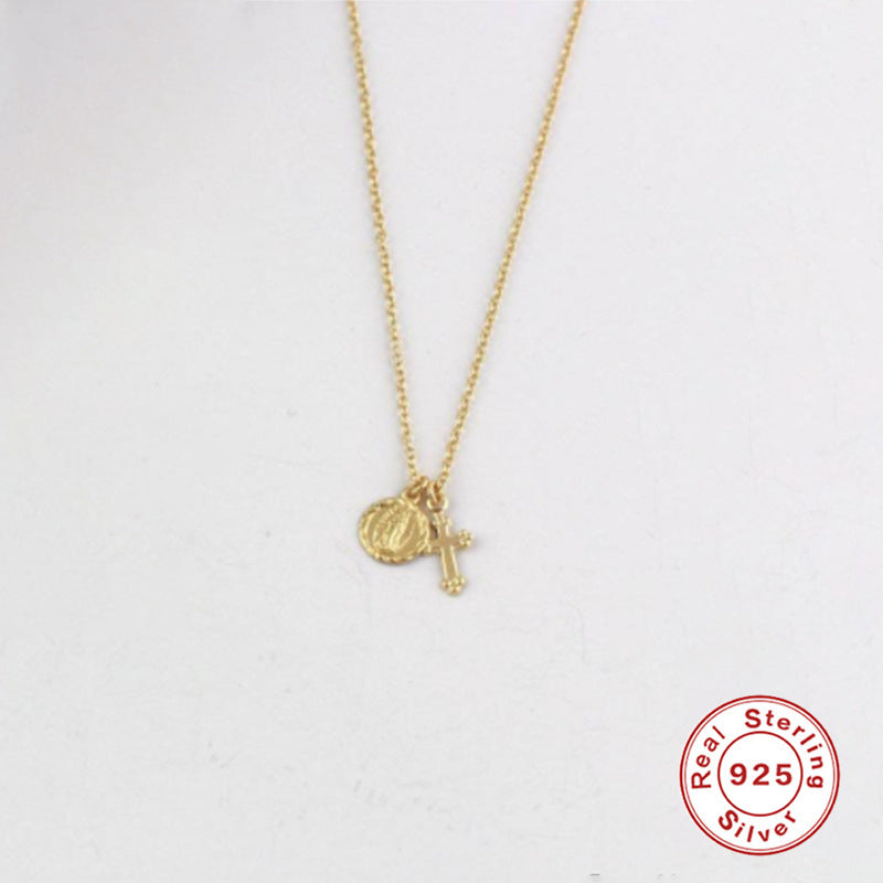 Sterling Silver Virgin Mary Medal Cross Pendant Clavicle Necklace
