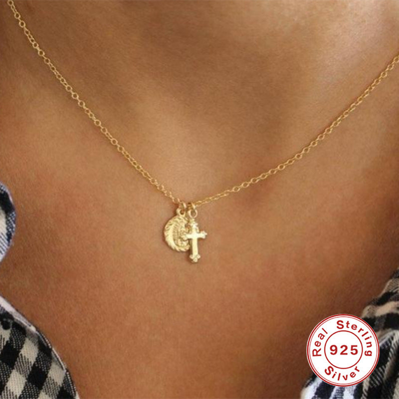 Sterling Silver Virgin Mary Medal Cross Pendant Clavicle Necklace