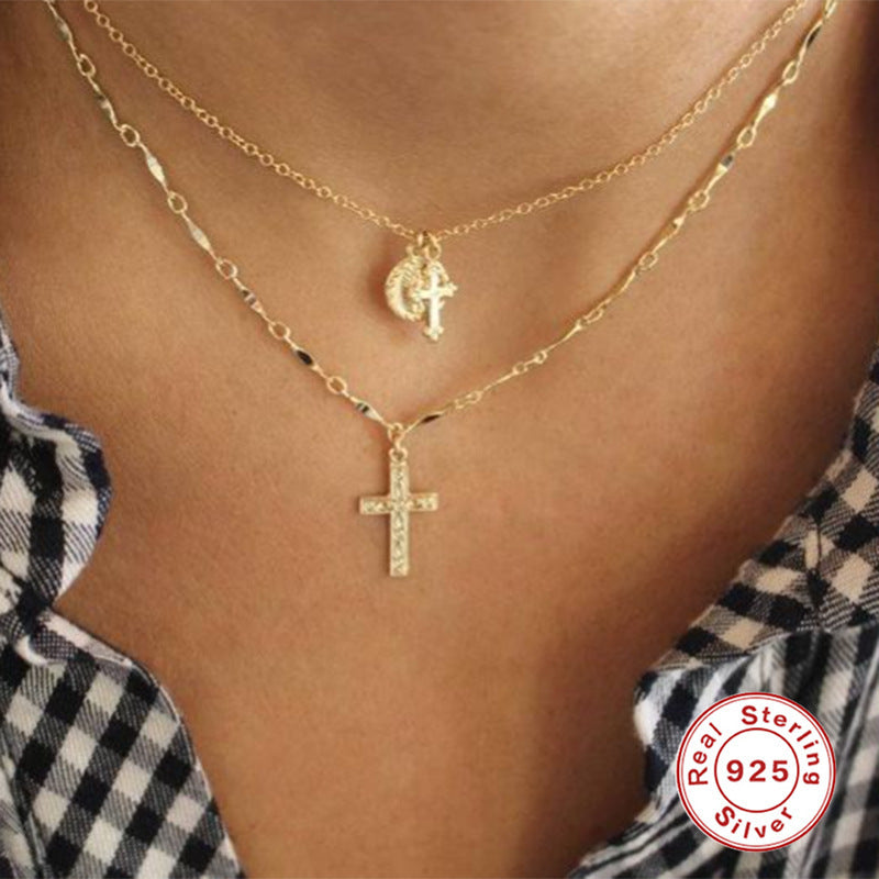 Sterling Silver Virgin Mary Medal Cross Pendant Clavicle Necklace