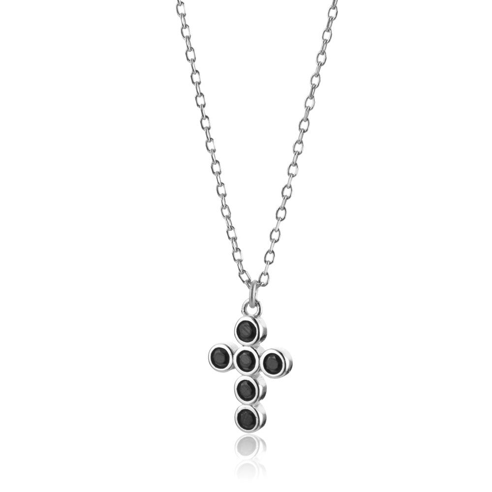 Sterling Silver White Black Zircon Cross Pendant Necklace Jewelry
