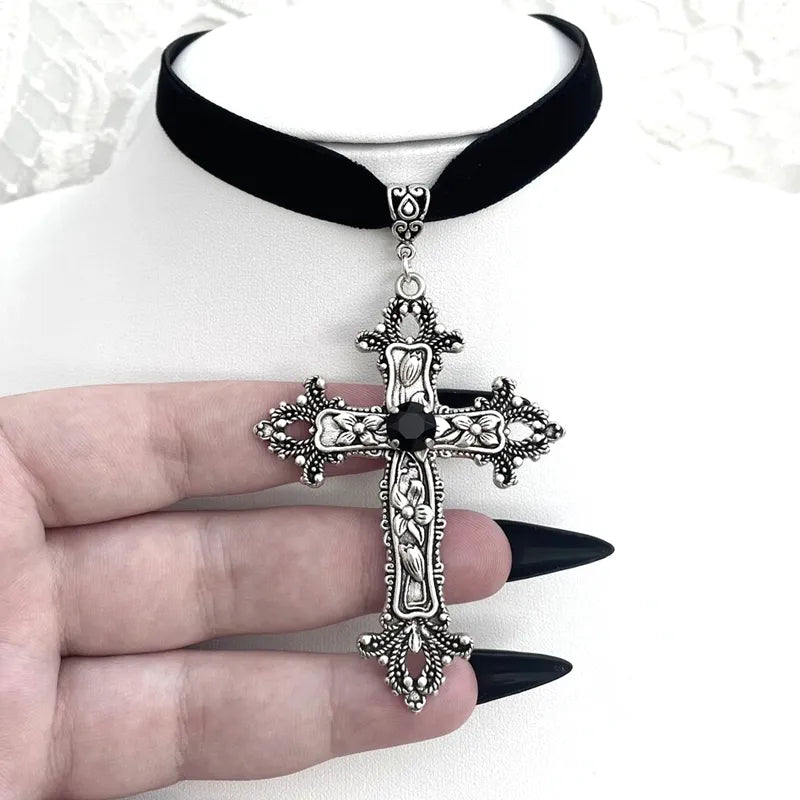 Vintage Gothic Large Cross Black Velvet Choker