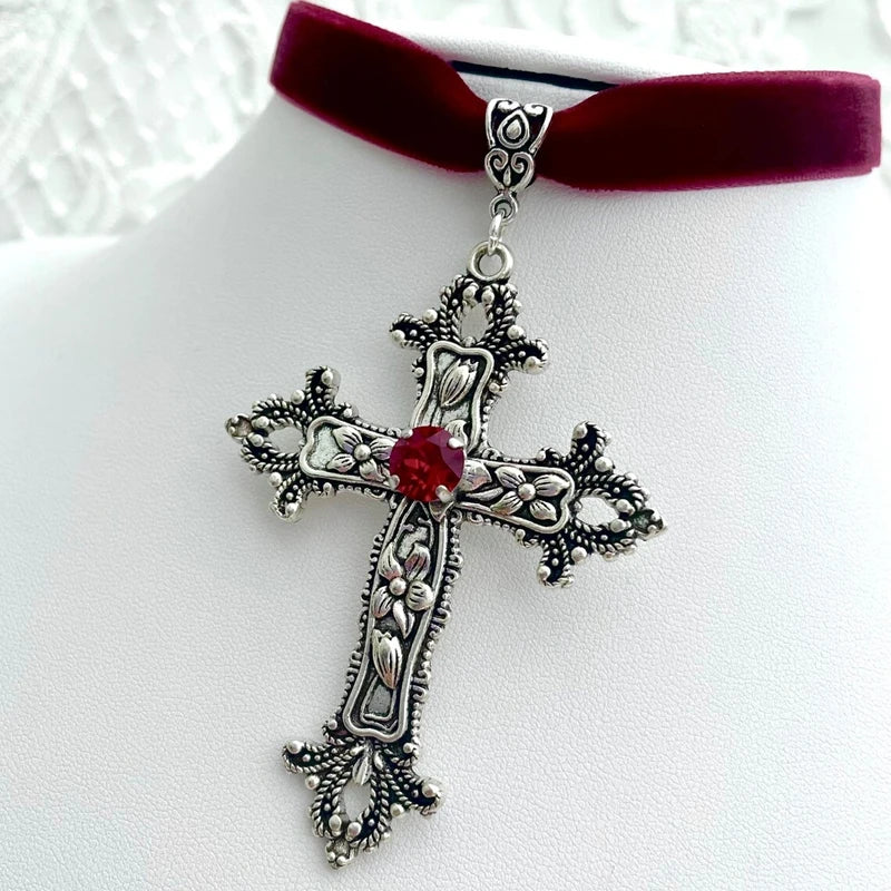 Vintage Gothic Large Cross Black Velvet Choker