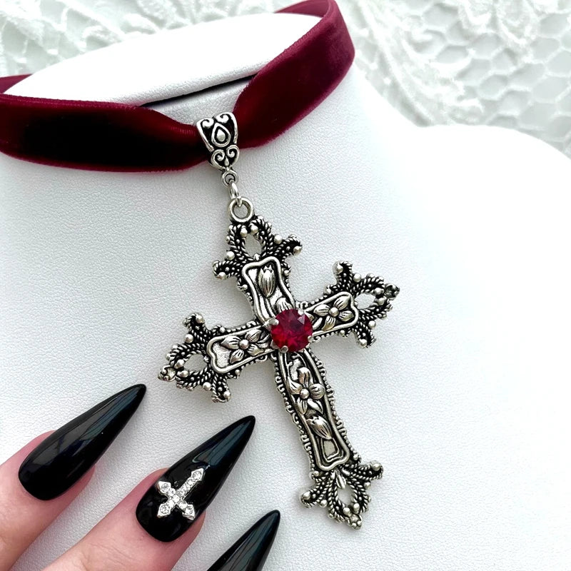 Vintage Gothic Large Cross Black Velvet Choker