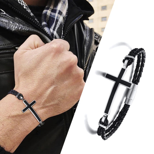 Double braded leather cross bracelet