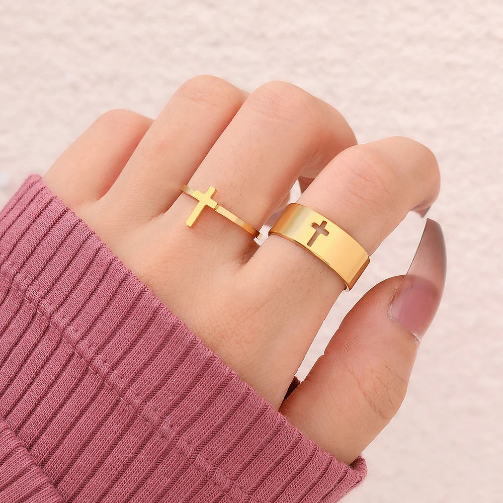 Stainless Steel Cross Rings - Adjustable Couple Ring 2Pcs/set