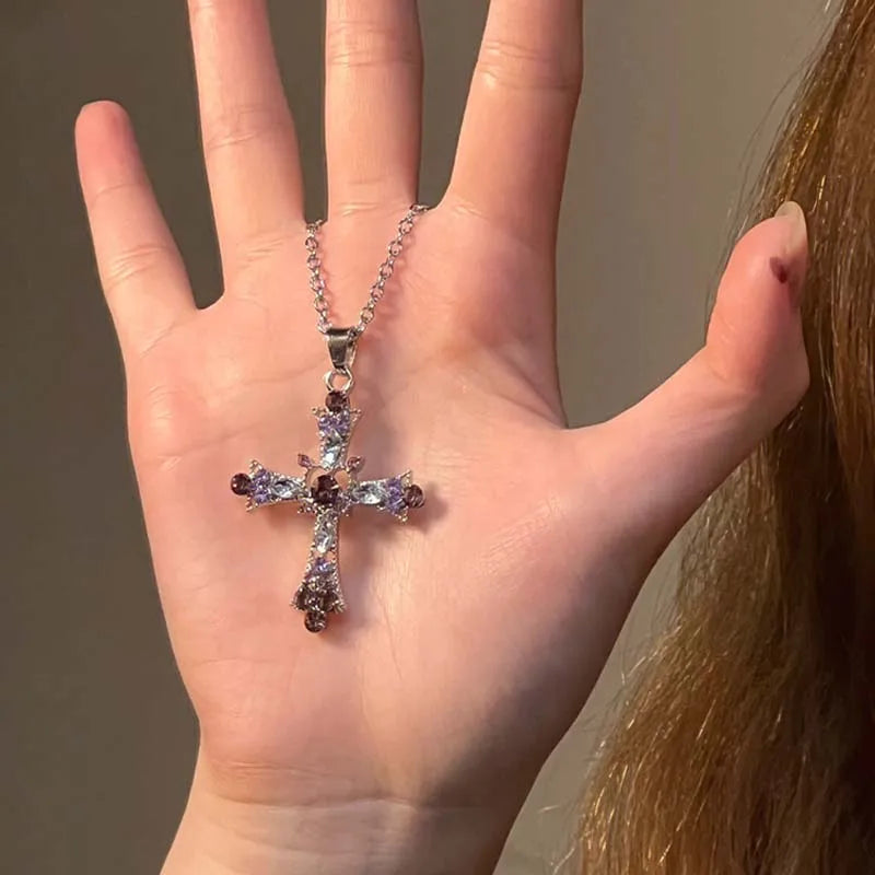Zircon Cross Necklace Pink & Purple Heart Cross Pendant Necklace