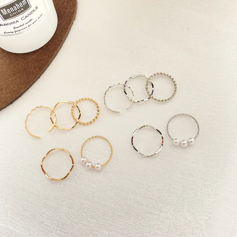 5pcs/set Ring - Simple Three Pearl Wavy Combination Ring