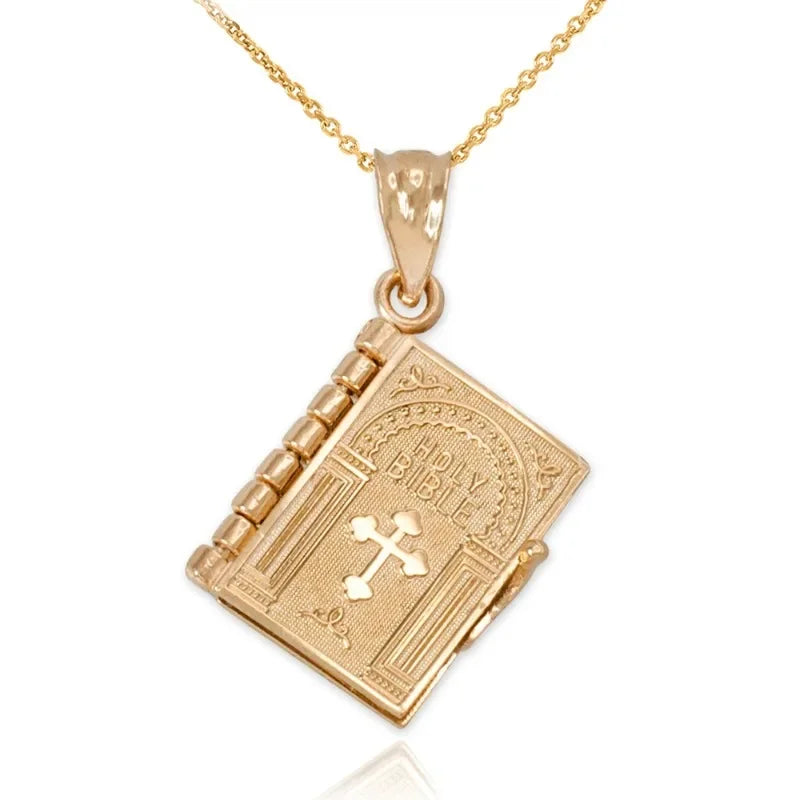 Religious necklace with a Holy Bible that can open up.