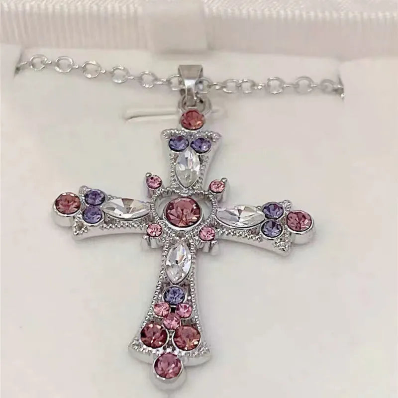 Zircon Cross Necklace Pink & Purple Heart Cross Pendant Necklace
