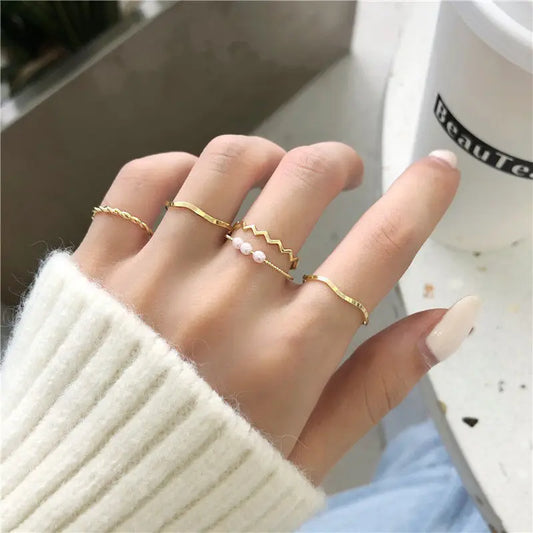 5pcs/set Ring - Simple Three Pearl Wavy Combination Ring