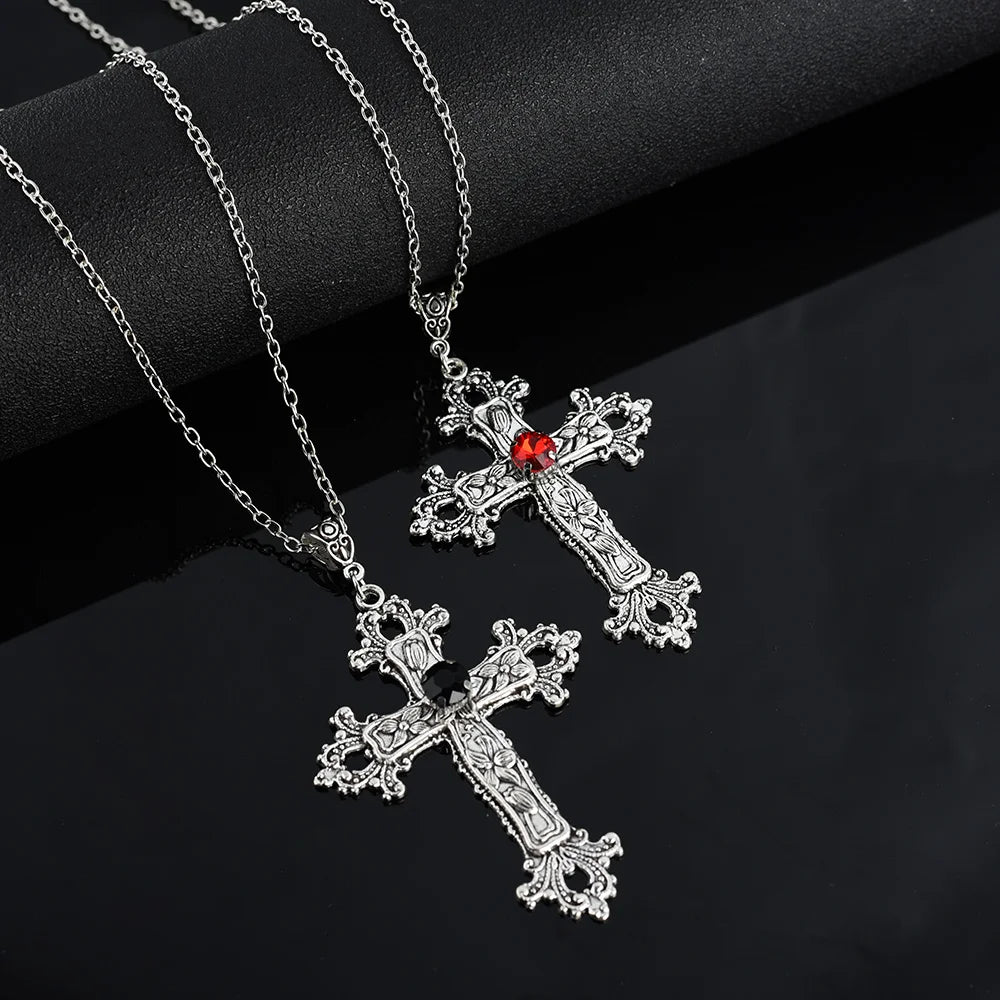 Goth Crystal Cross Pendant Necklace