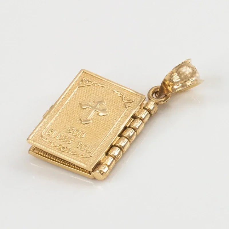 Religious necklace with a Holy Bible that can open up.