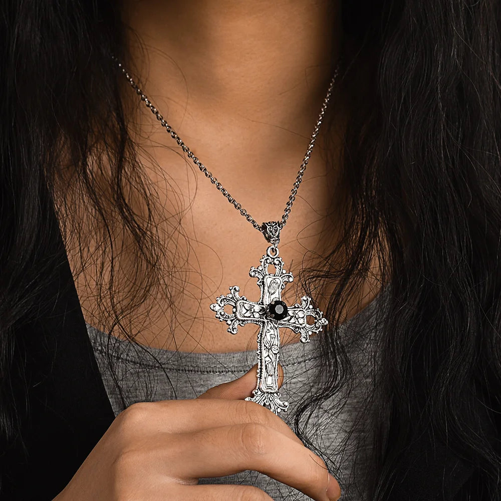 Goth Crystal Cross Pendant Necklace