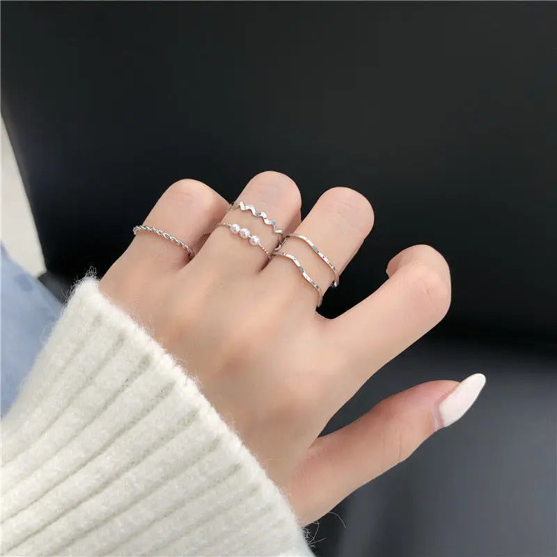 5pcs/set Ring - Simple Three Pearl Wavy Combination Ring