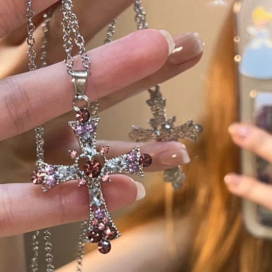 Zircon Cross Necklace Pink & Purple Heart Cross Pendant Necklace