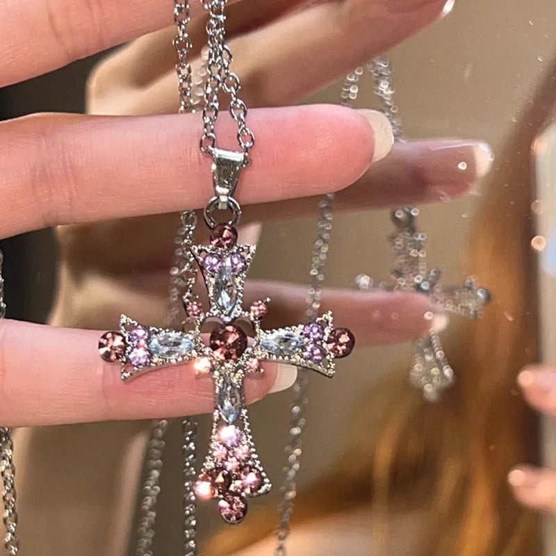 Zircon Cross Necklace Pink & Purple Heart Cross Pendant Necklace
