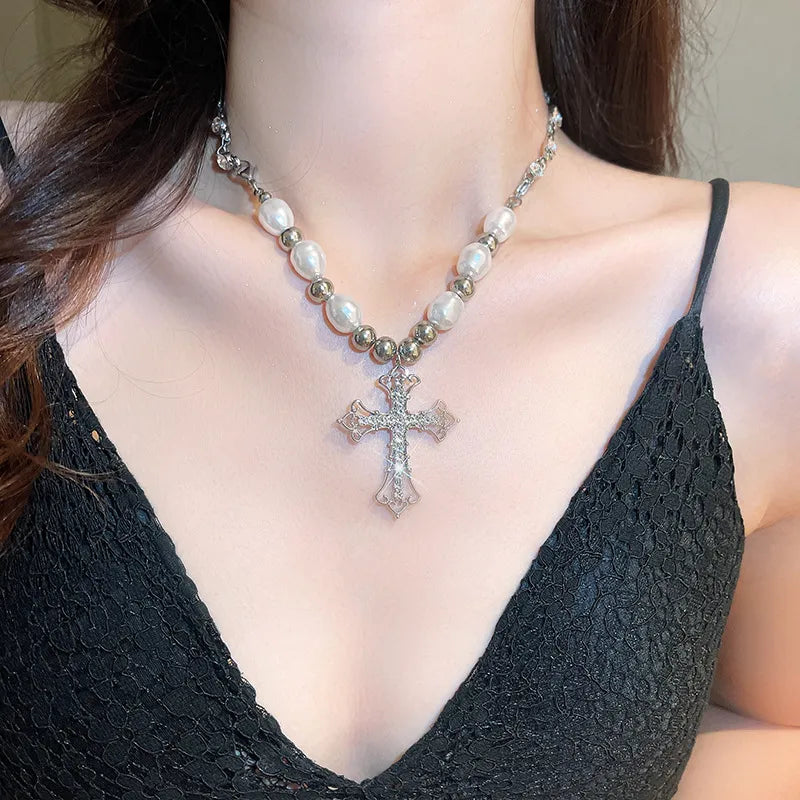 Trendy Pearl Cross Pendant Necklace