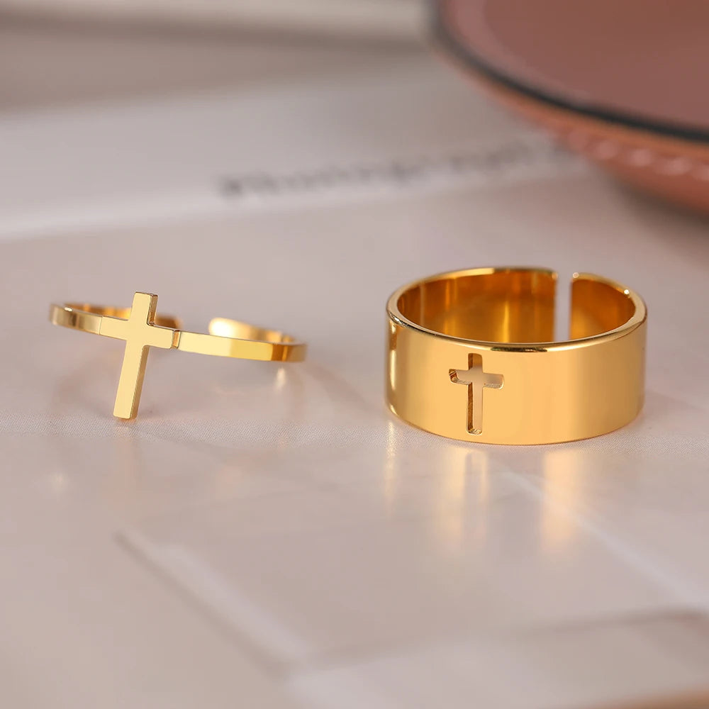 Stainless Steel Cross Rings - Adjustable Couple Ring 2Pcs/set