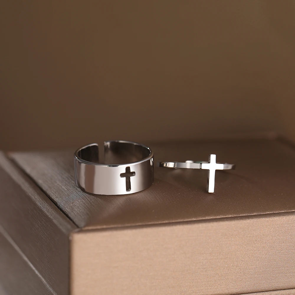 Stainless Steel Cross Rings - Adjustable Couple Ring 2Pcs/set