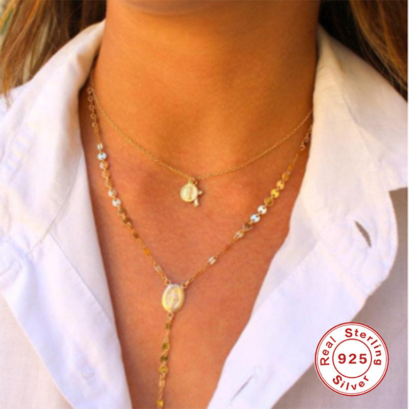 Sterling Silver Virgin Mary Medal Cross Pendant Clavicle Necklace