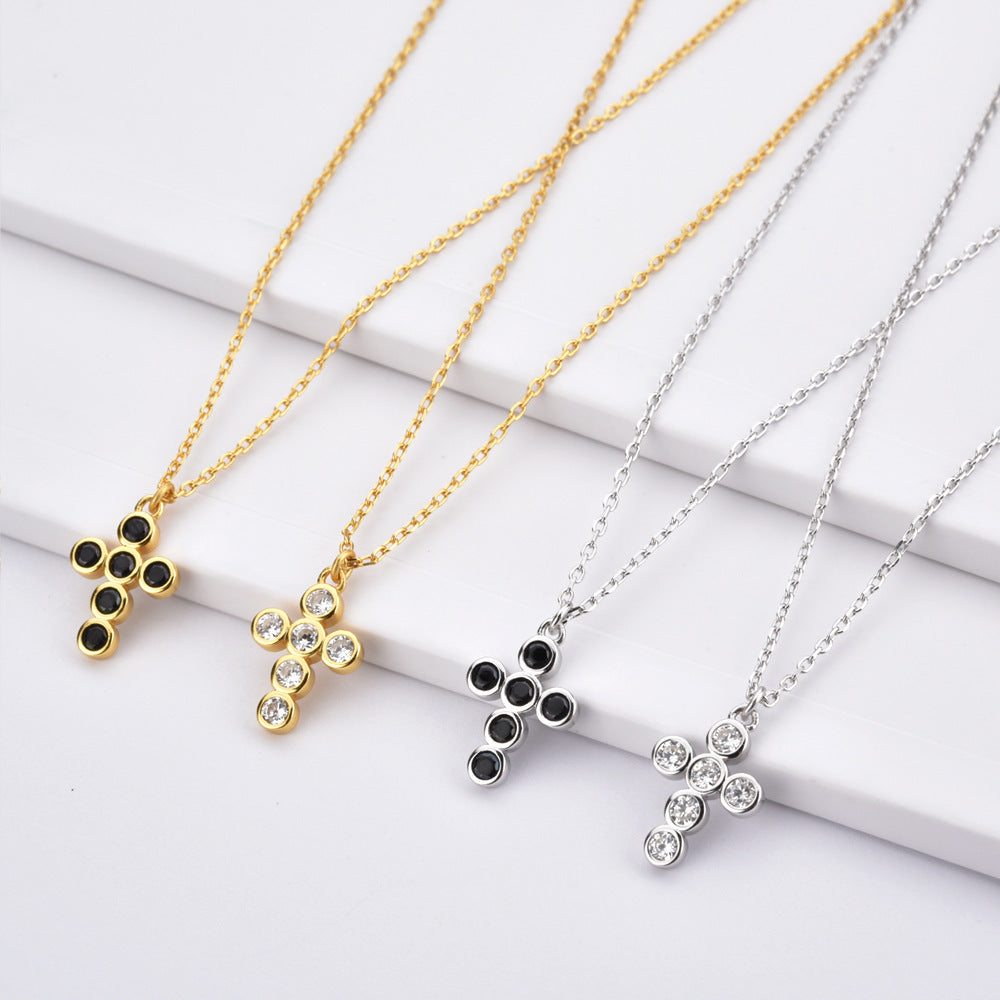 Sterling Silver White Black Zircon Cross Pendant Necklace Jewelry