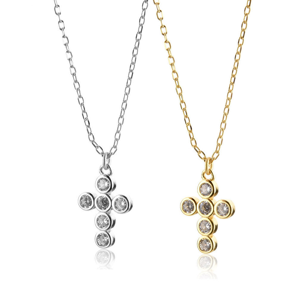 Sterling Silver White Black Zircon Cross Pendant Necklace Jewelry