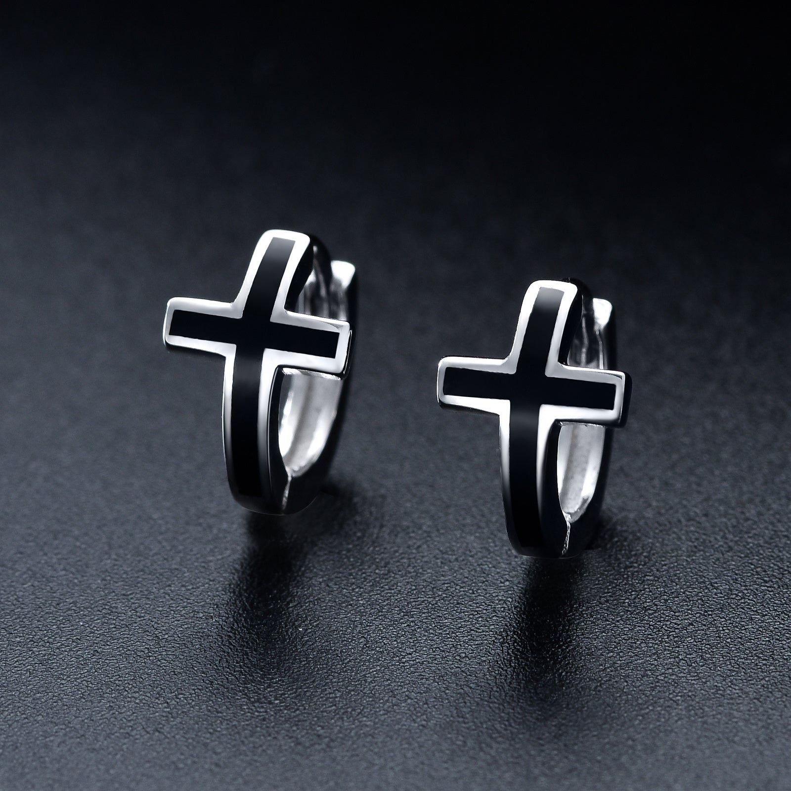 Black Cross Earrings in Sterling Silver Unisex Hoops